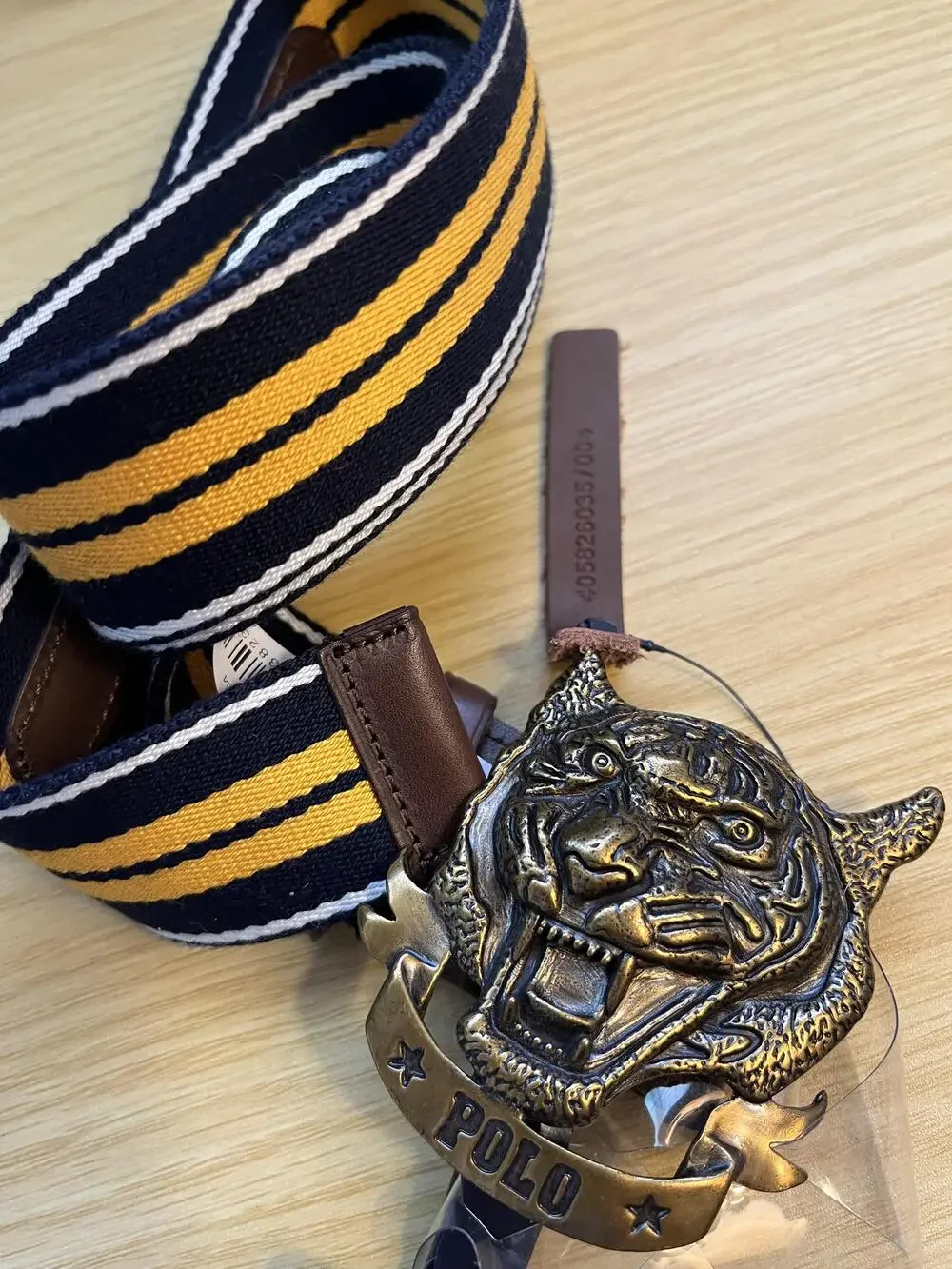 NWT Polo Ralph Lauren Tiger Webbed Belt Mens 32 Blue Gold Tone Striped Buckle